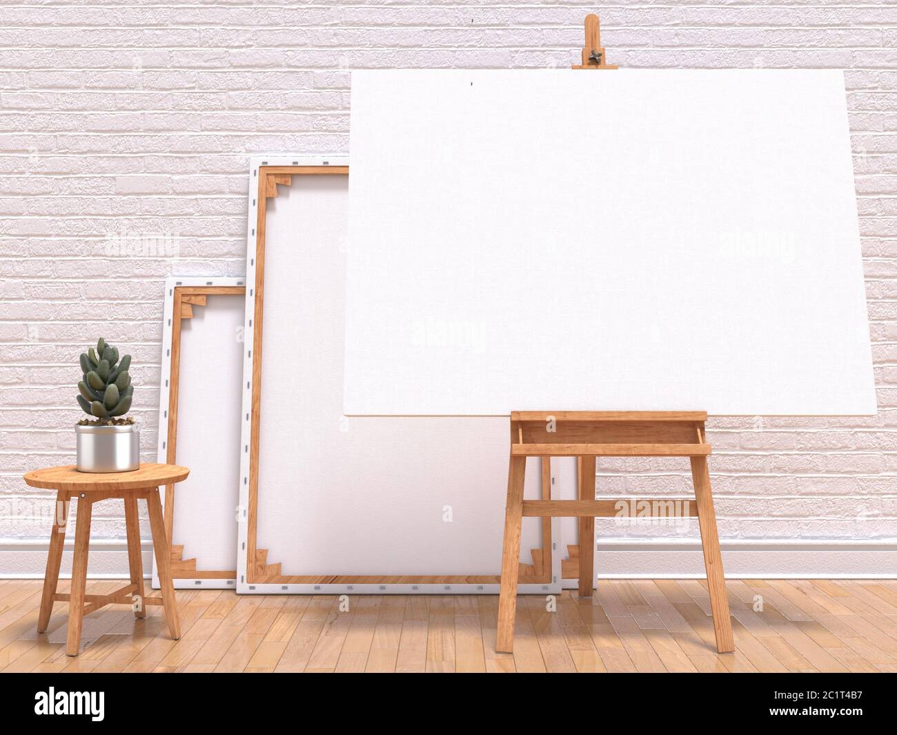 Download Mock Up Canvas Frame With Plant Easel Floor And Wall 3d Stock Photo Alamy