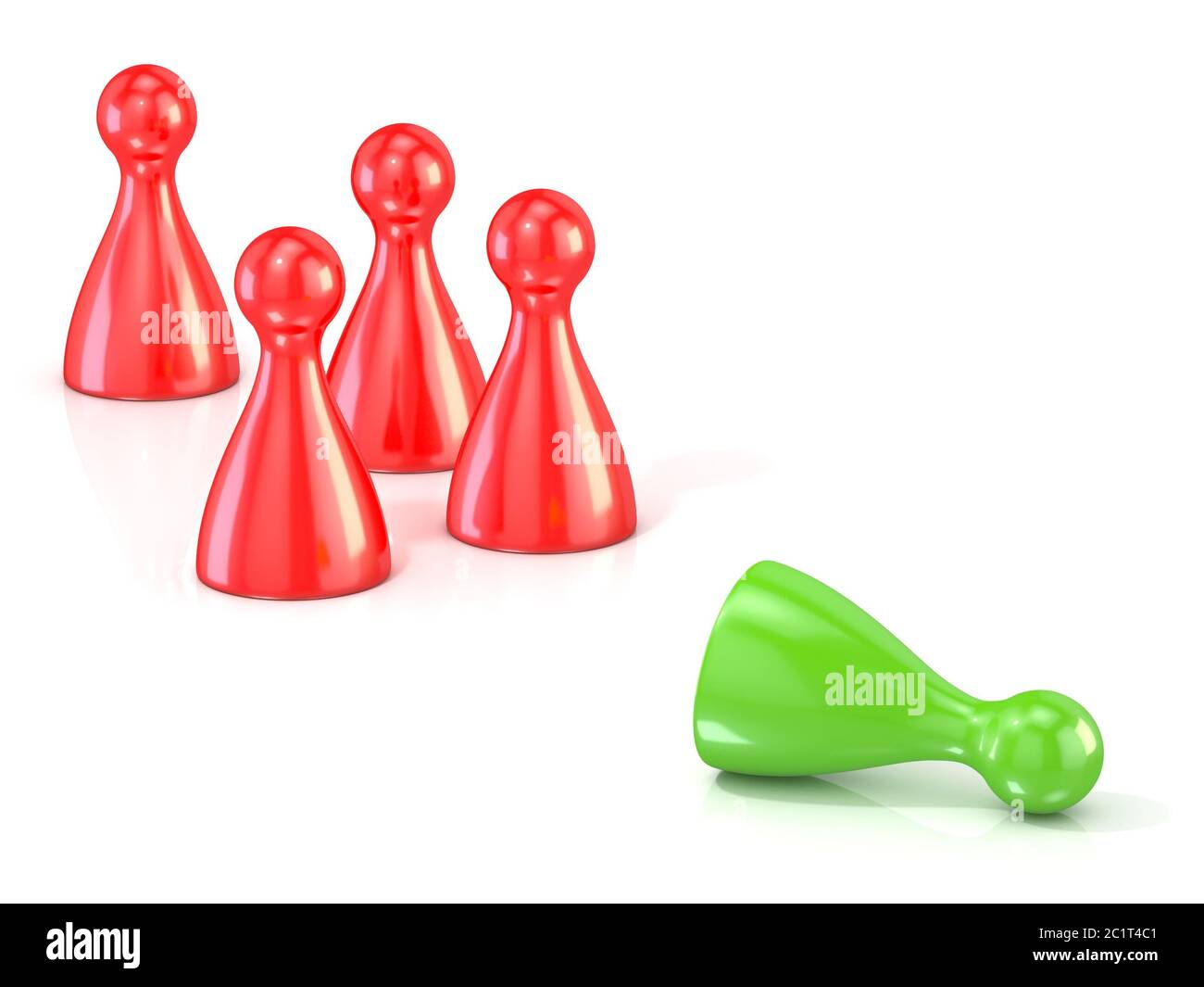 Red play figures standing and green one lying . Concept of rejection. 3D Stock Photo
