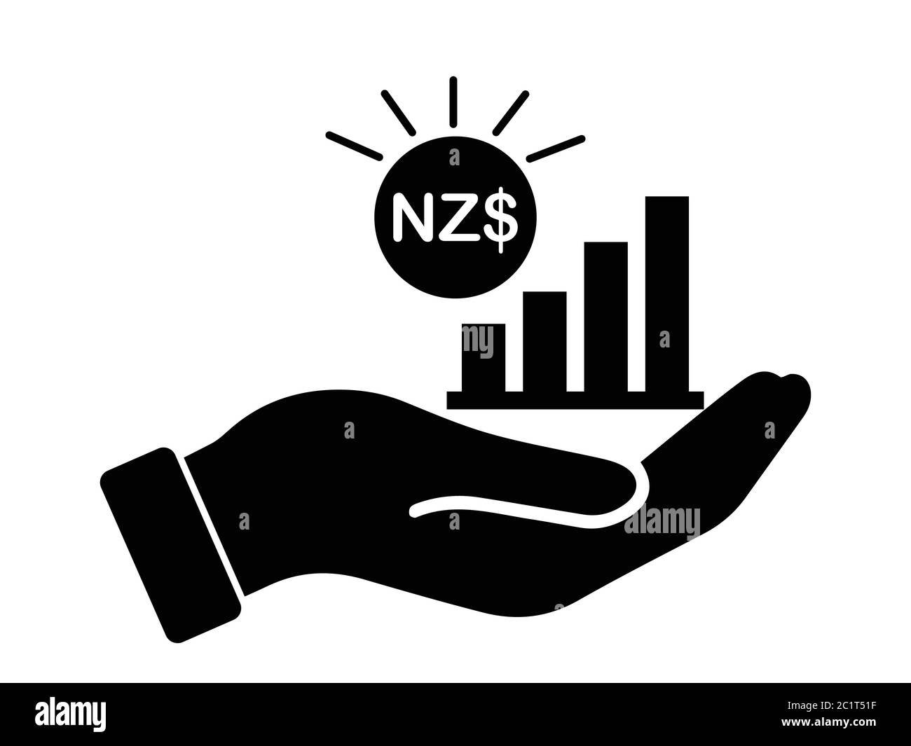 Hand Out NZD New Zealand Dollar Growth Bar Chat. Black Illustration Isolated on a White Background. EPS Vector Stock Vector