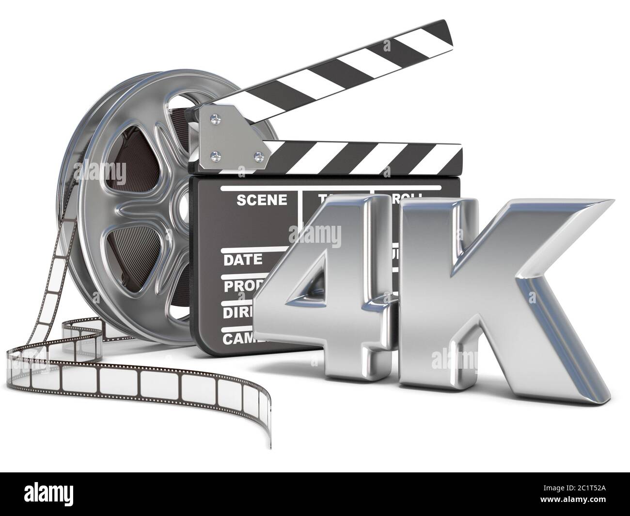 Film reels and movie clapper board. 4K video icon. 3D Stock Photo