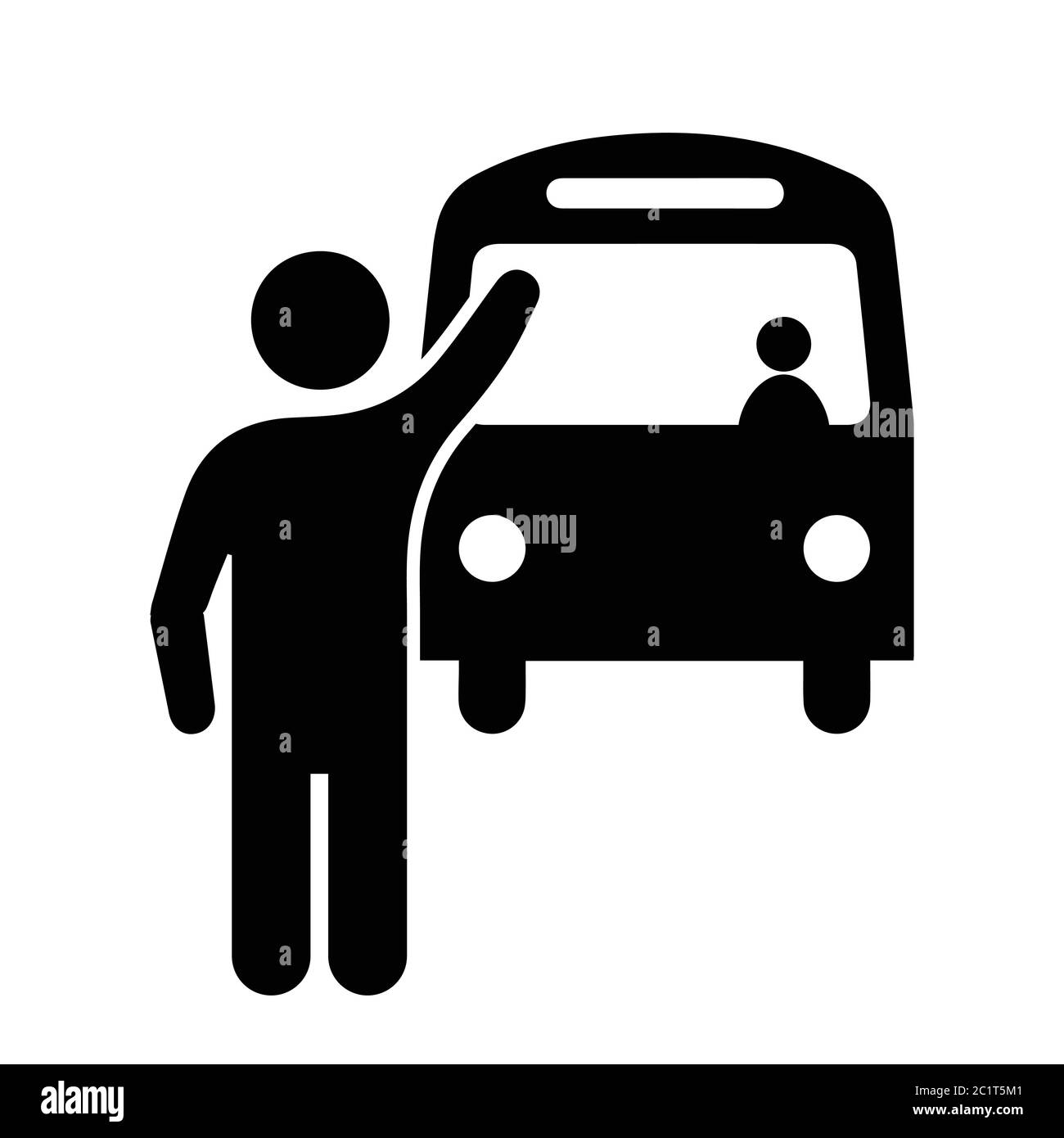 Stick Figure Man Stopping Waving at Bus. Black Illustration Isolated on a White Background. EPS Vector Stock Vector