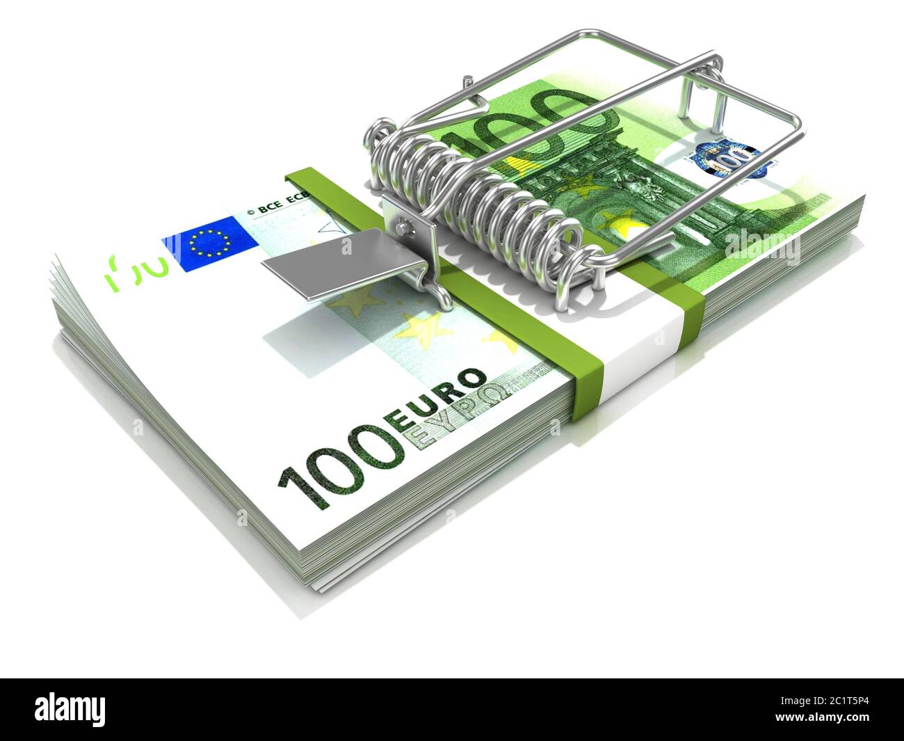 3D render mousetrap installed on euro banknote stack Stock Photo