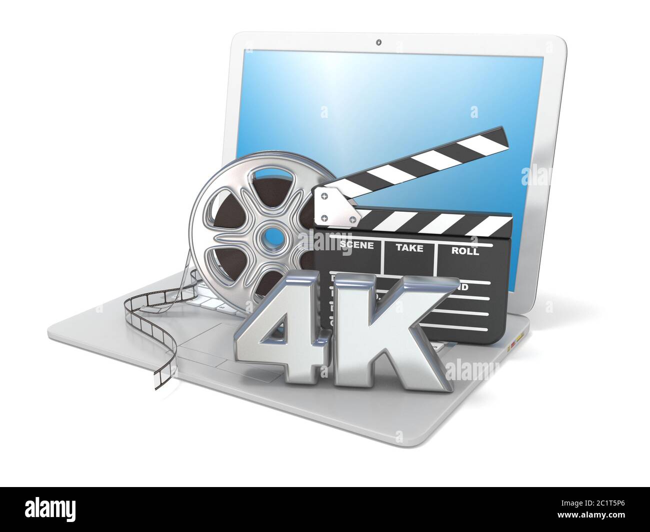 Laptop with film reels, movie clapper board and 4K video icon. 3D Stock Photo