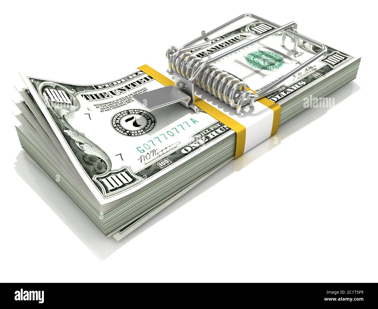 3D render mousetrap installed on dollar banknote stack Stock Photo