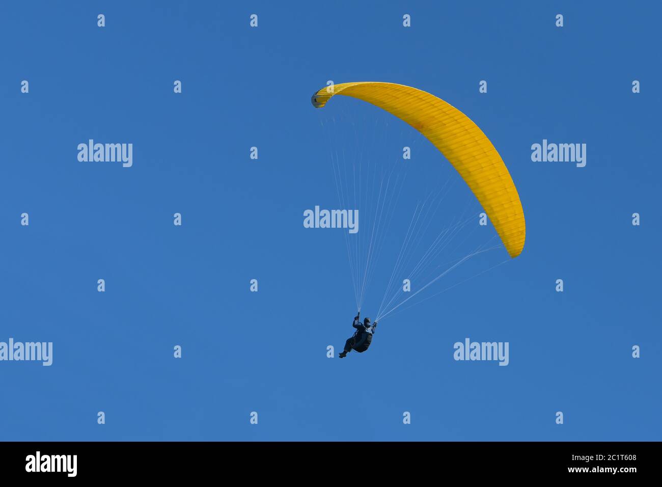 Paraglider pilot with a yellow glider is flying in the clear blue sky, recreational and competitive adventure sport, copy space Stock Photo
