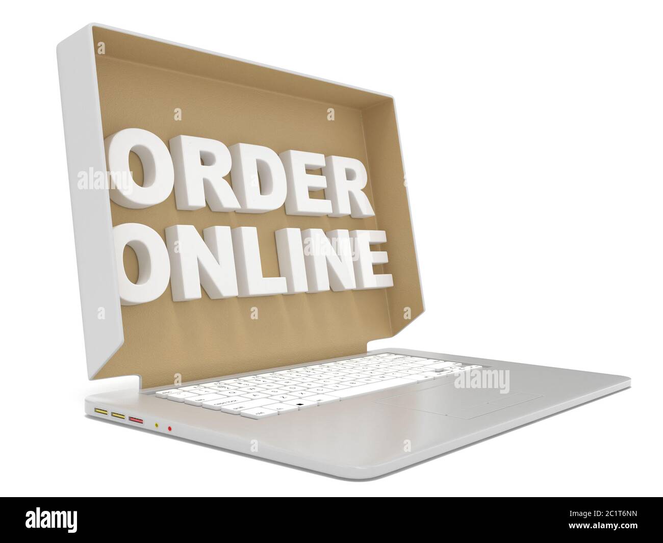 Cardboard box cover with ORDER ONLINE sign on laptop. Side view. 3D ...