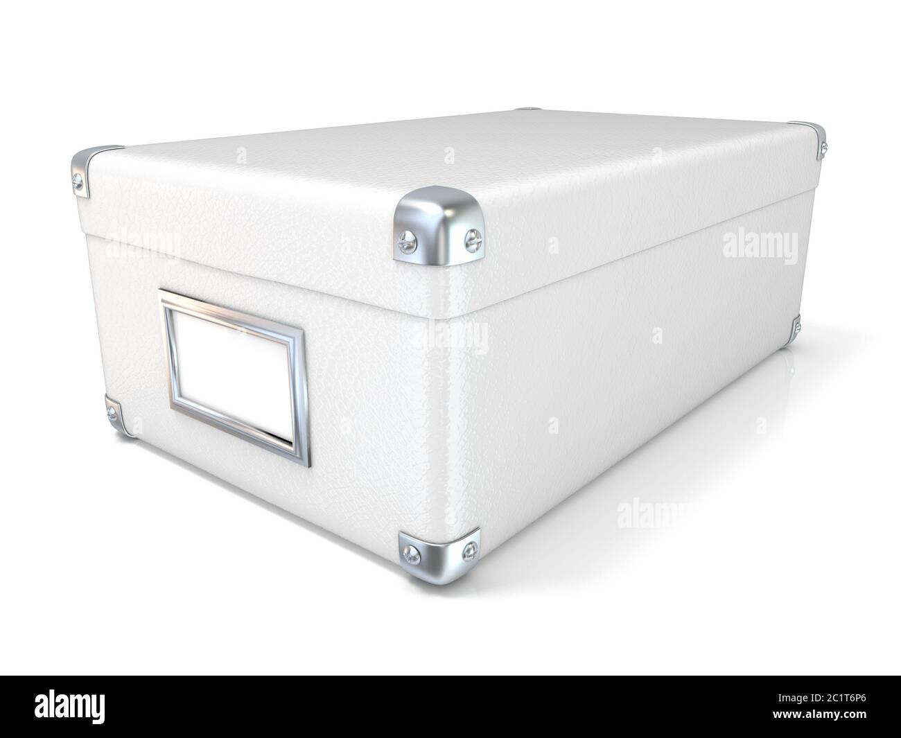 White leather closed box, with chrome corners and blank label. Side view. 3D Stock Photo