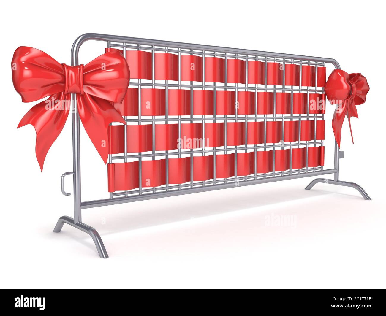 Steel barricades with red ribbon bows. Side view. 3D Stock Photo - Alamy