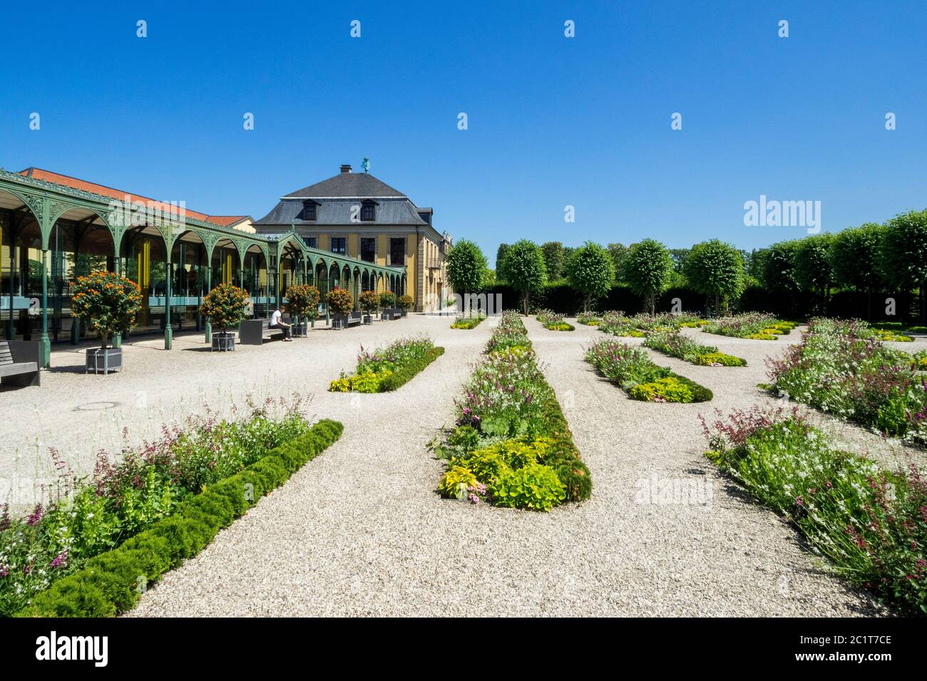 Germany, Hannover - Herrenhausen Gardens with the Gallery of the Arne Jacobsen Foyer Stock Photo