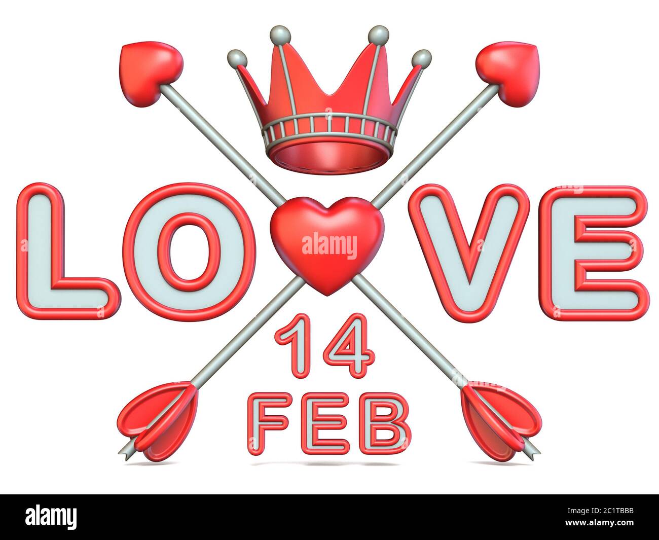 Love text with crossed Cupid's arrows and Valentine's day date 3D Stock