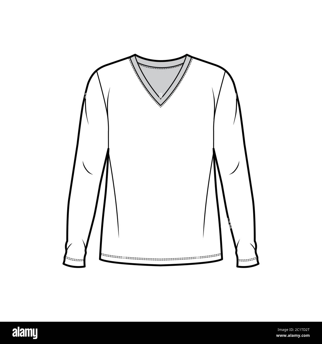 Cotton jersey top technical fashion illustration with V neck, tunic length oversized body long sleeves flat. Apparel template front, white color. Women and men unisex garment mockup for designer. Stock Vector