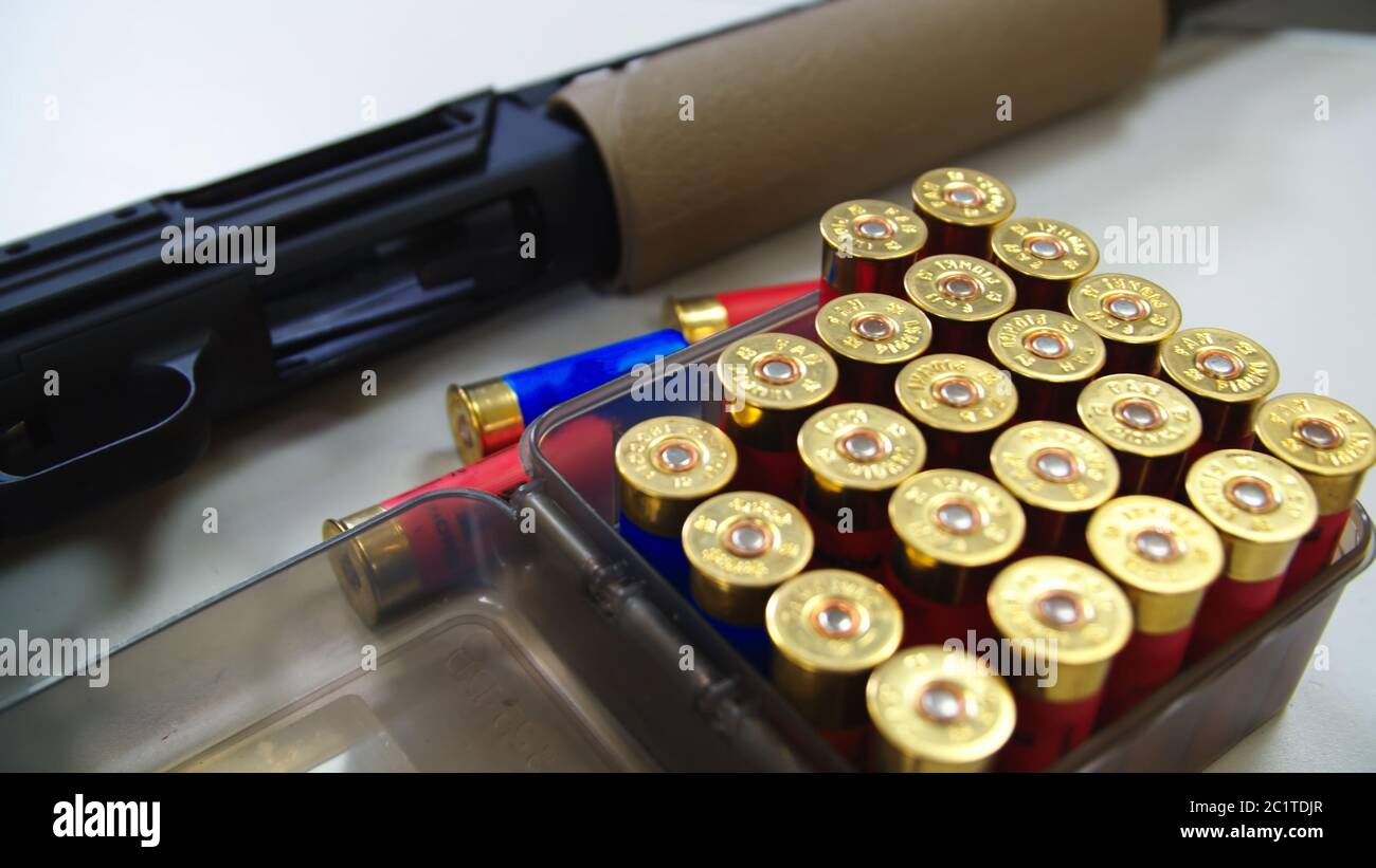 Shotgun on Table with shotgun cartridge shells in Box, shooting range ...