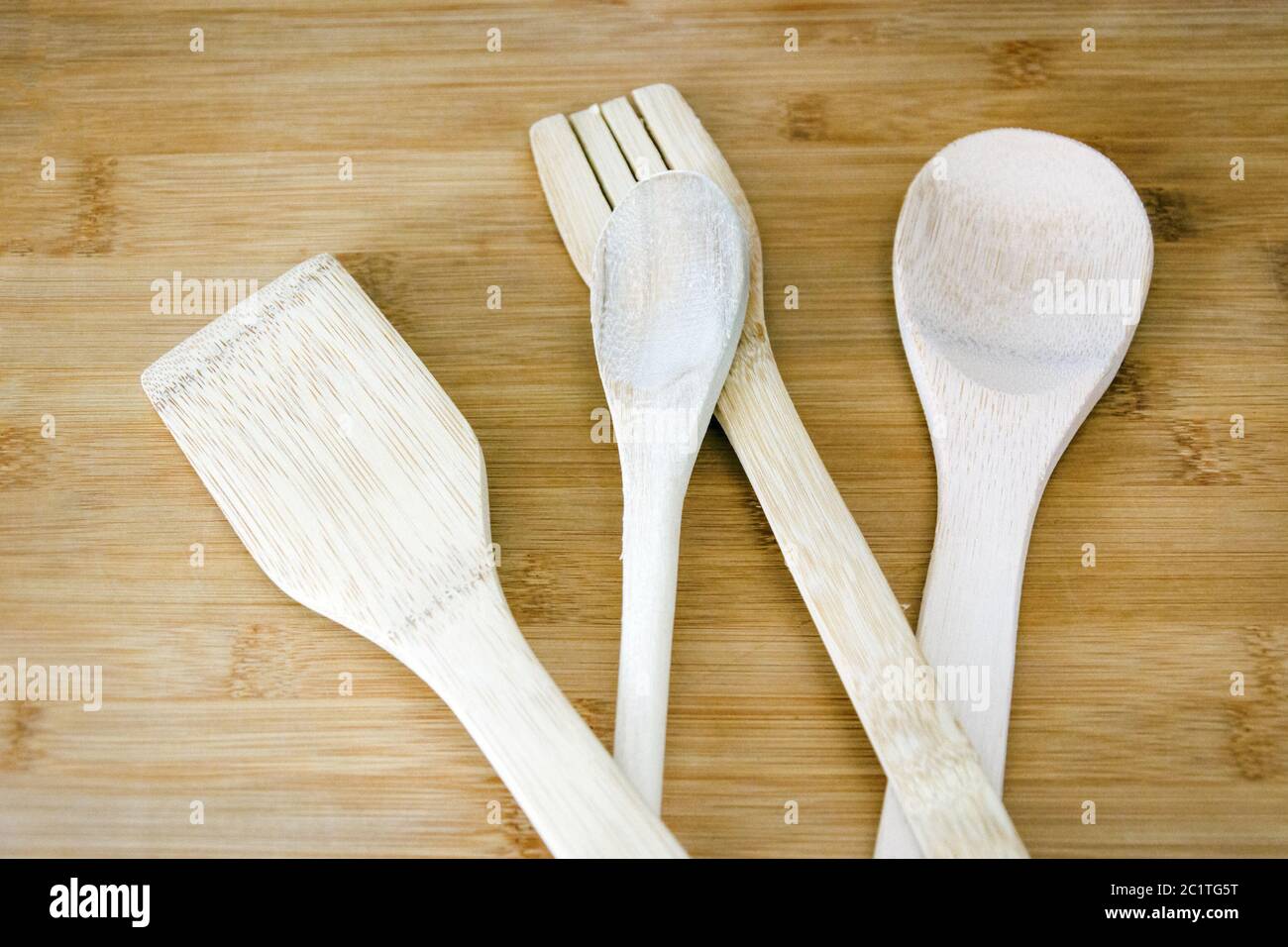 Close up of a group of wooden kitchen utensils Stock Photo