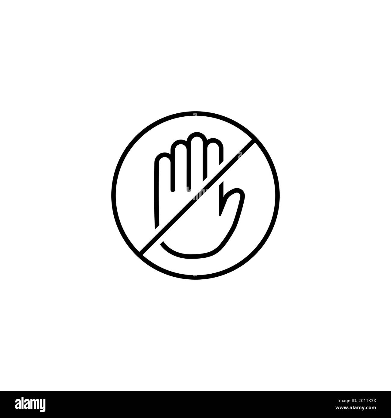 black hand silhouette in crossed circle isolated on white background. Stop, ban, block sign. Do