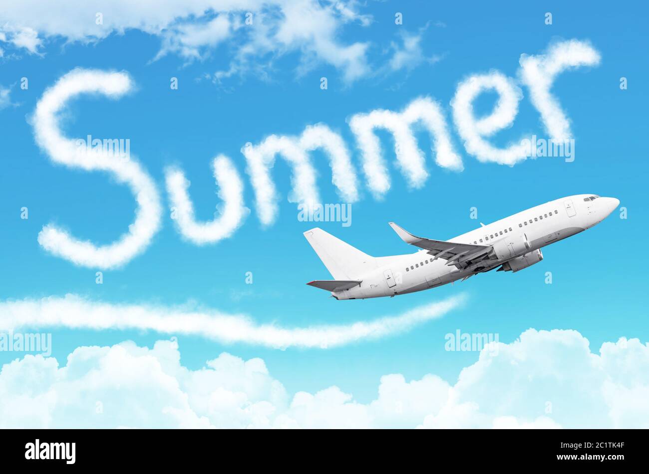 Word Summer drawn from clouds airplane in the blue sky, concept travel tourism holiday vacation Stock Photo