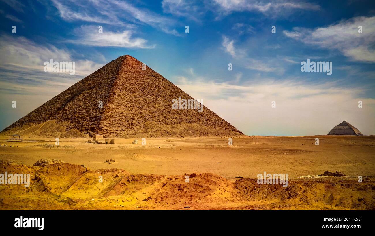 Panoramic view to Bent Pyramid of Sneferu Pharao and Red satellite Pyramid at Dahhsur, Cairo, Egypt Stock Photo