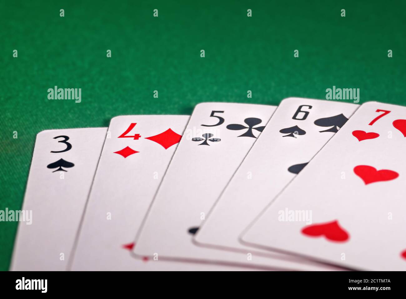 playing cards on the green table. Combination 'Straight' in poker Stock Photo