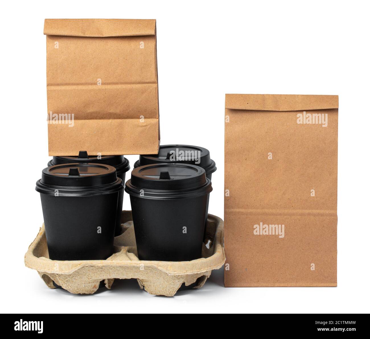 Craft paper bag with coffee cup on white background Stock Photo - Alamy