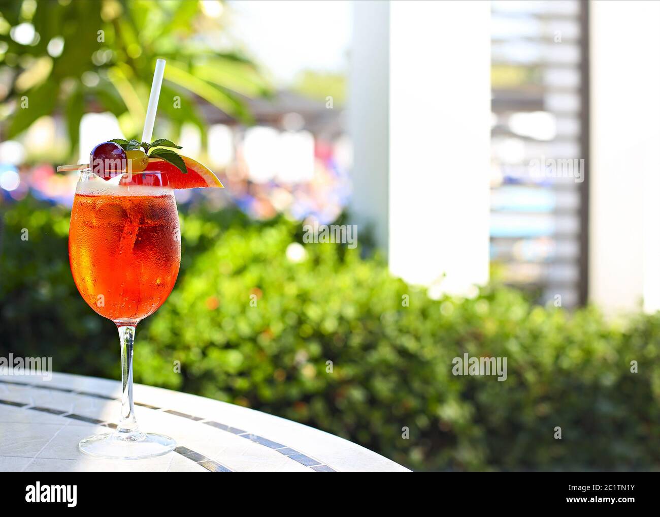 Glass of Aperol Spritz cocktail on the cafe table Stock Photo