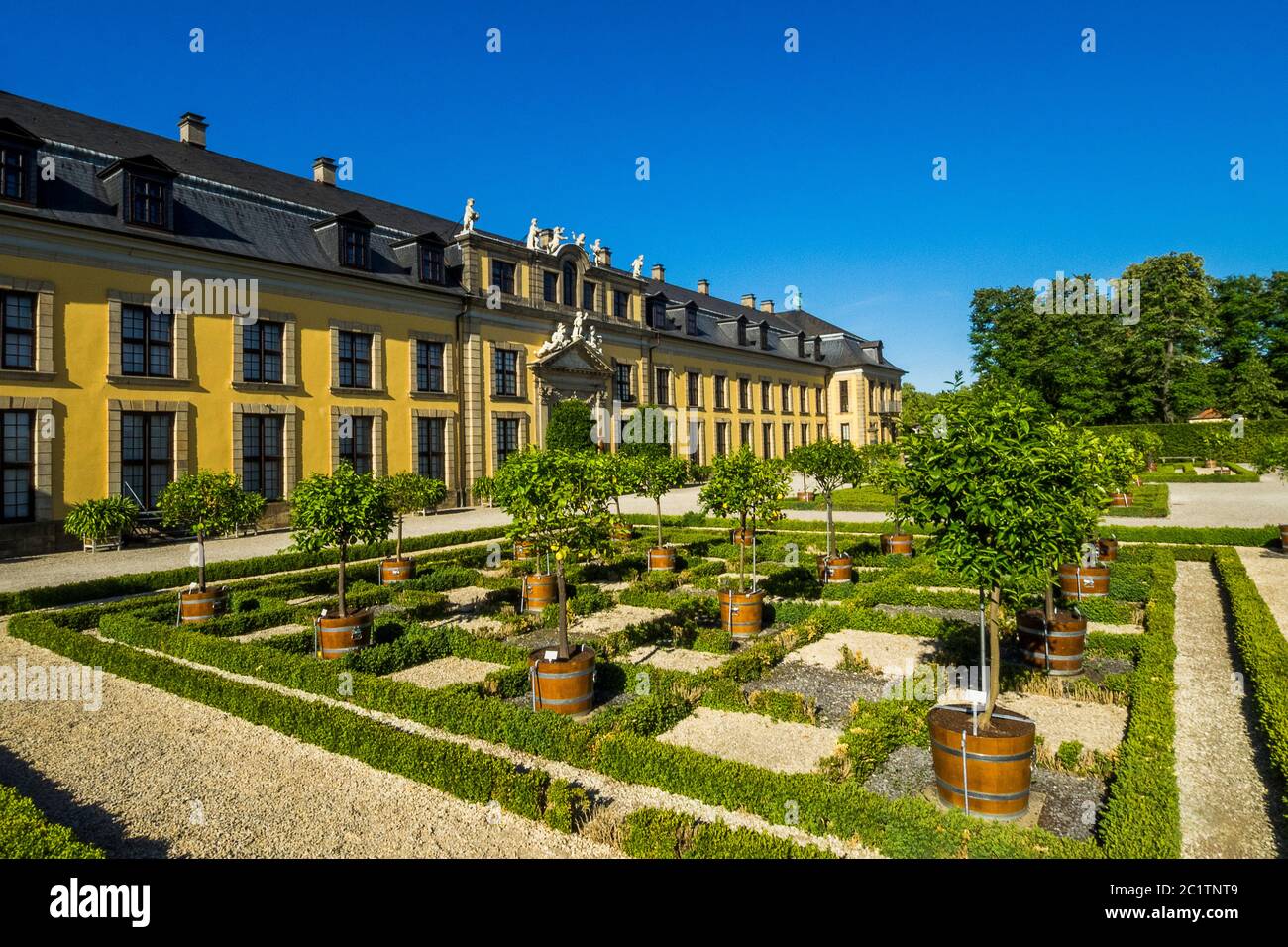 Germany, Hannover - Herrenhausen Gardens with the Gallery of the Arne Jacobsen Foyer Stock Photo