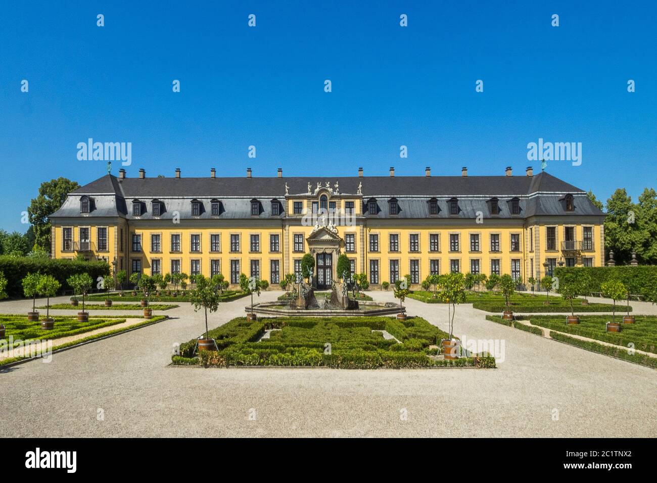 Germany, Hannover - Herrenhausen Gardens with the Gallery of the Arne Jacobsen Foyer Stock Photo