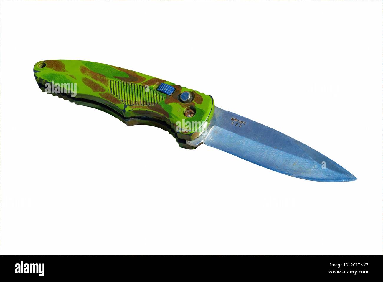 Old folding army knife isolate on white background. Stock Photo