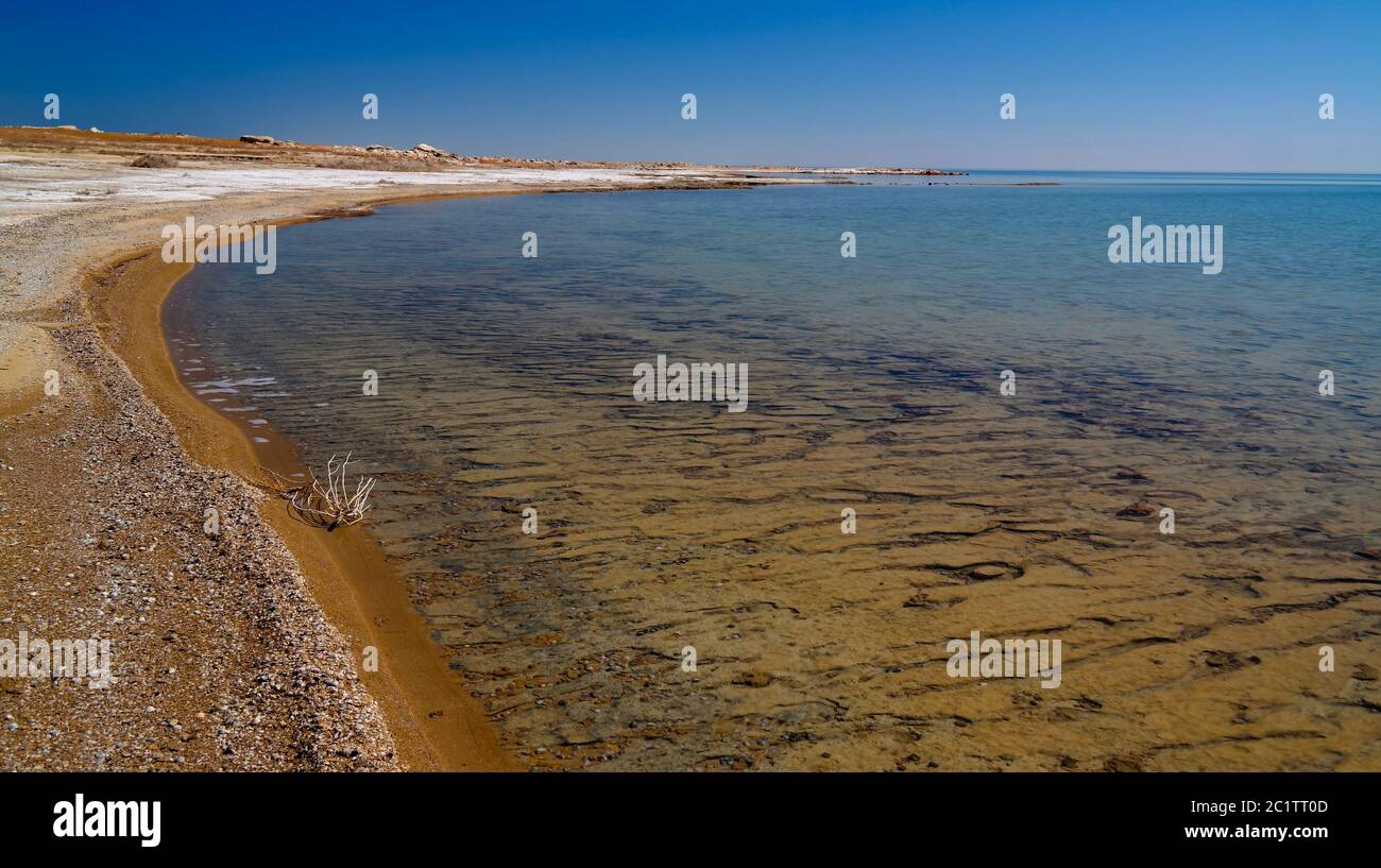 Panorama view to Aral sea from the rim of Plateau Ustyurt near Duana cape in Karakalpakstan, Uzbekistan Stock Photo