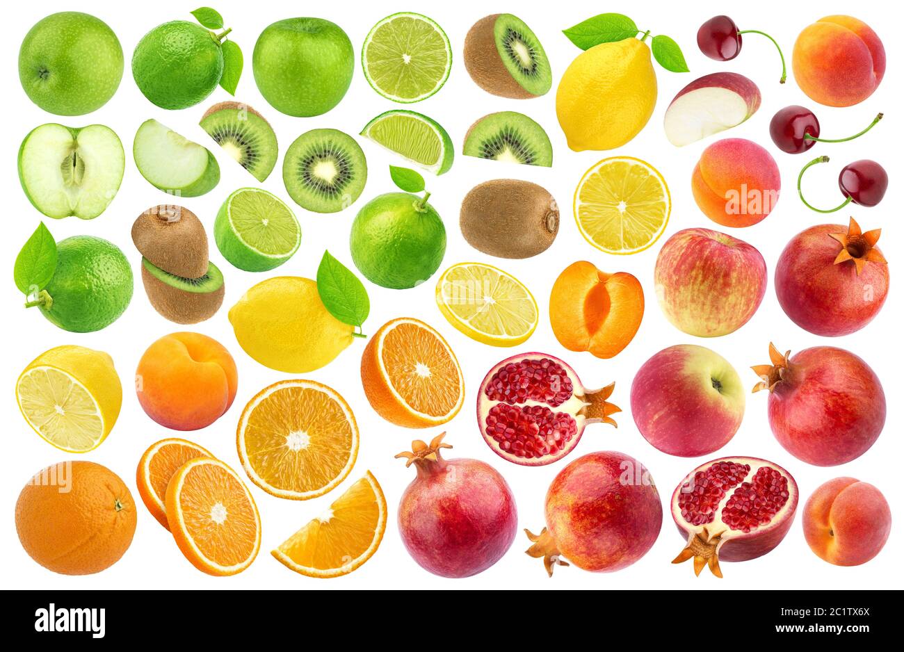 Set of various cut fruits isolated on white background. Color gradient pattern Stock Photo