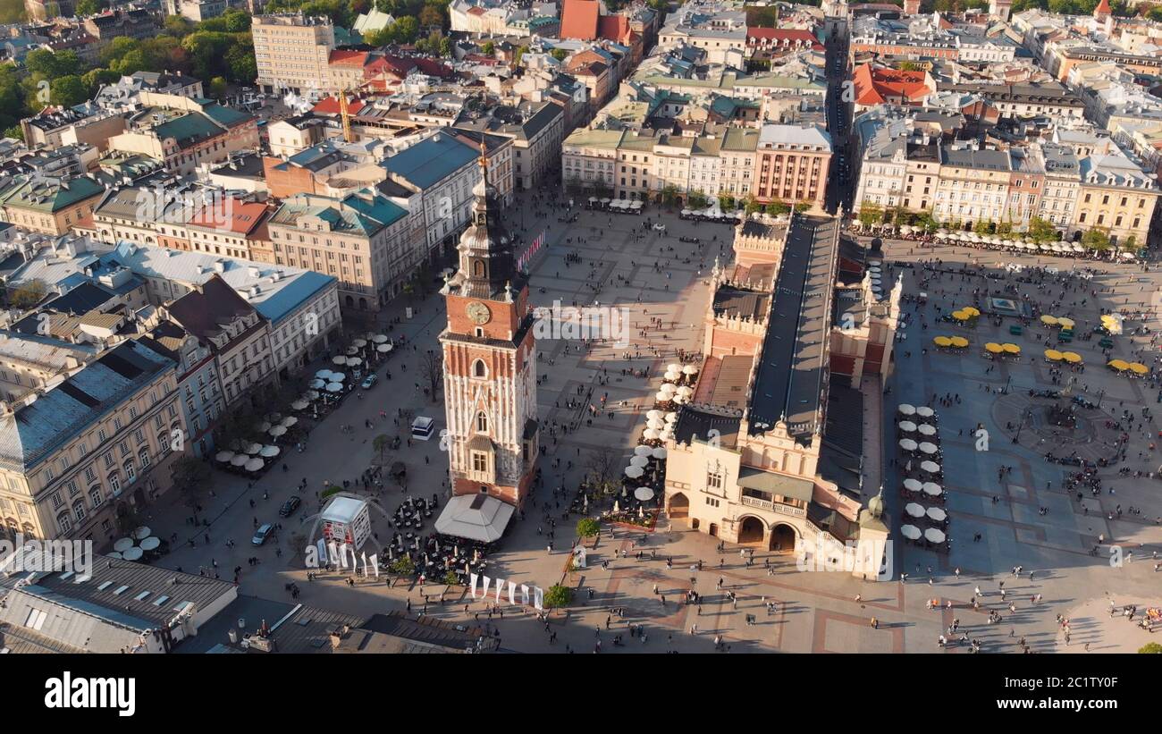 Urban block Main Square, with Town Hall Tower, in Krakow, drone shot.  Stock Photo