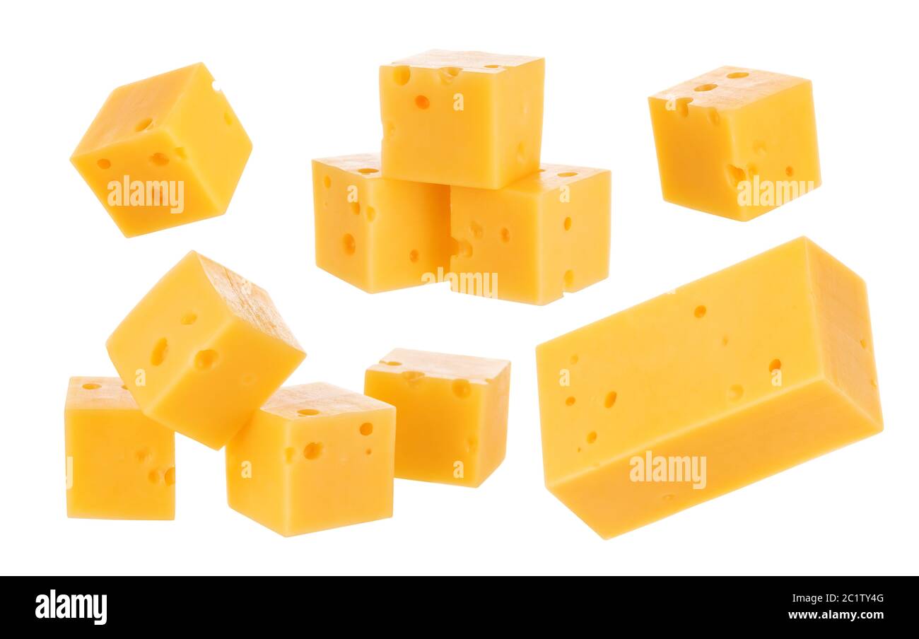 Cheese cubes isolated on white background. With clipping path Stock