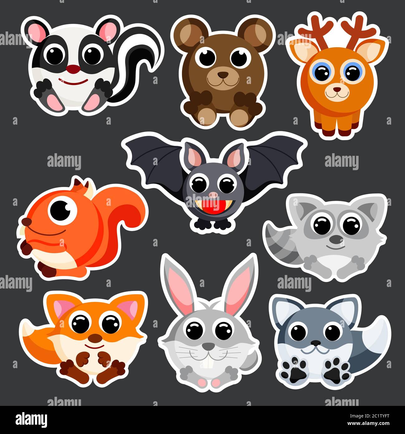 cute forest animals set sticker template in flat vector style Stock Vector
