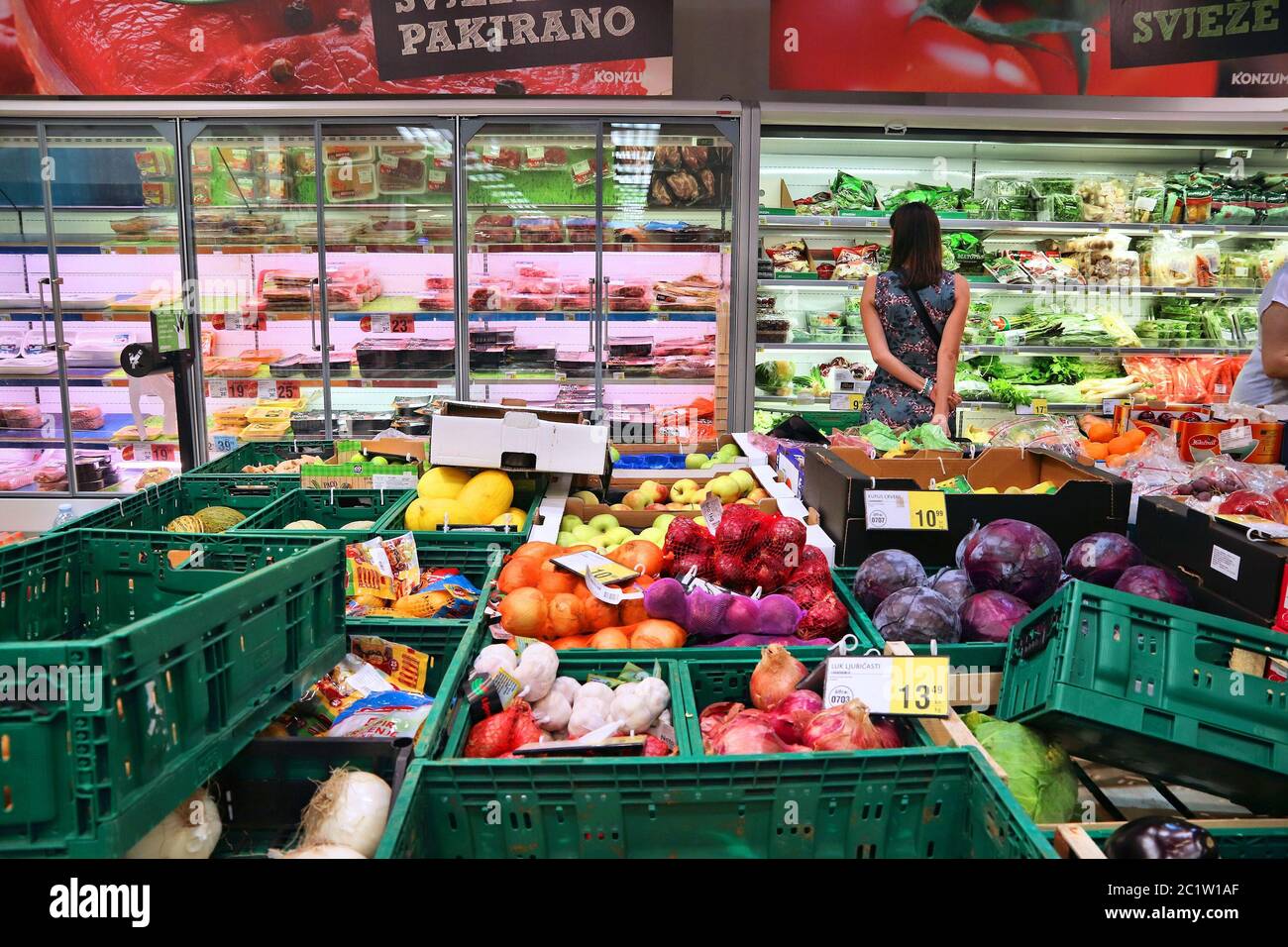 ZAGREB, CROATIA JUNE 30, 2019 Grocery store shelves in Croatia. Top