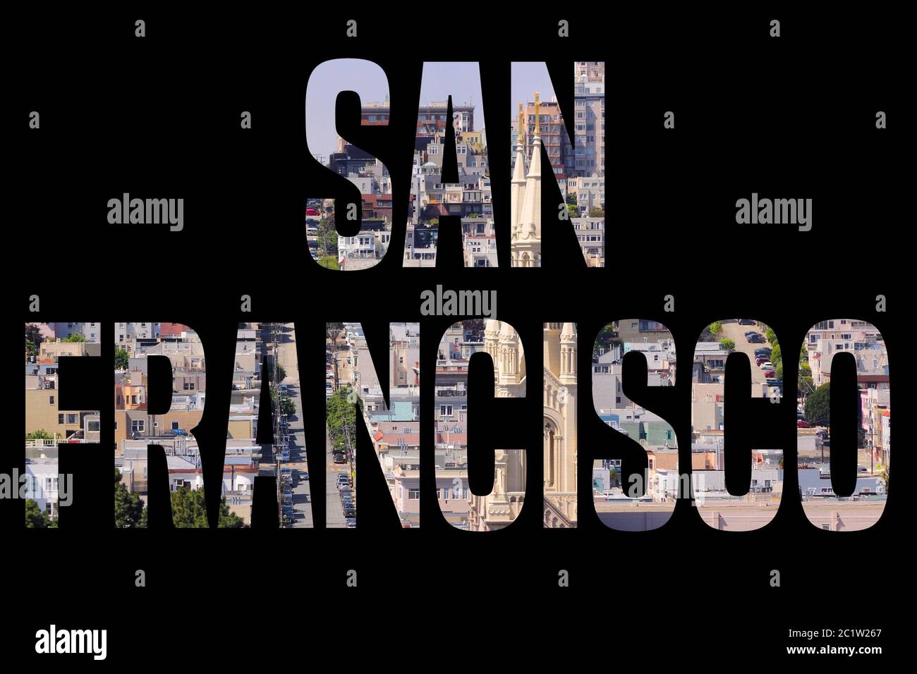 San Francisco, California - city name sign with photo in background. Isolated on black. Stock Photo