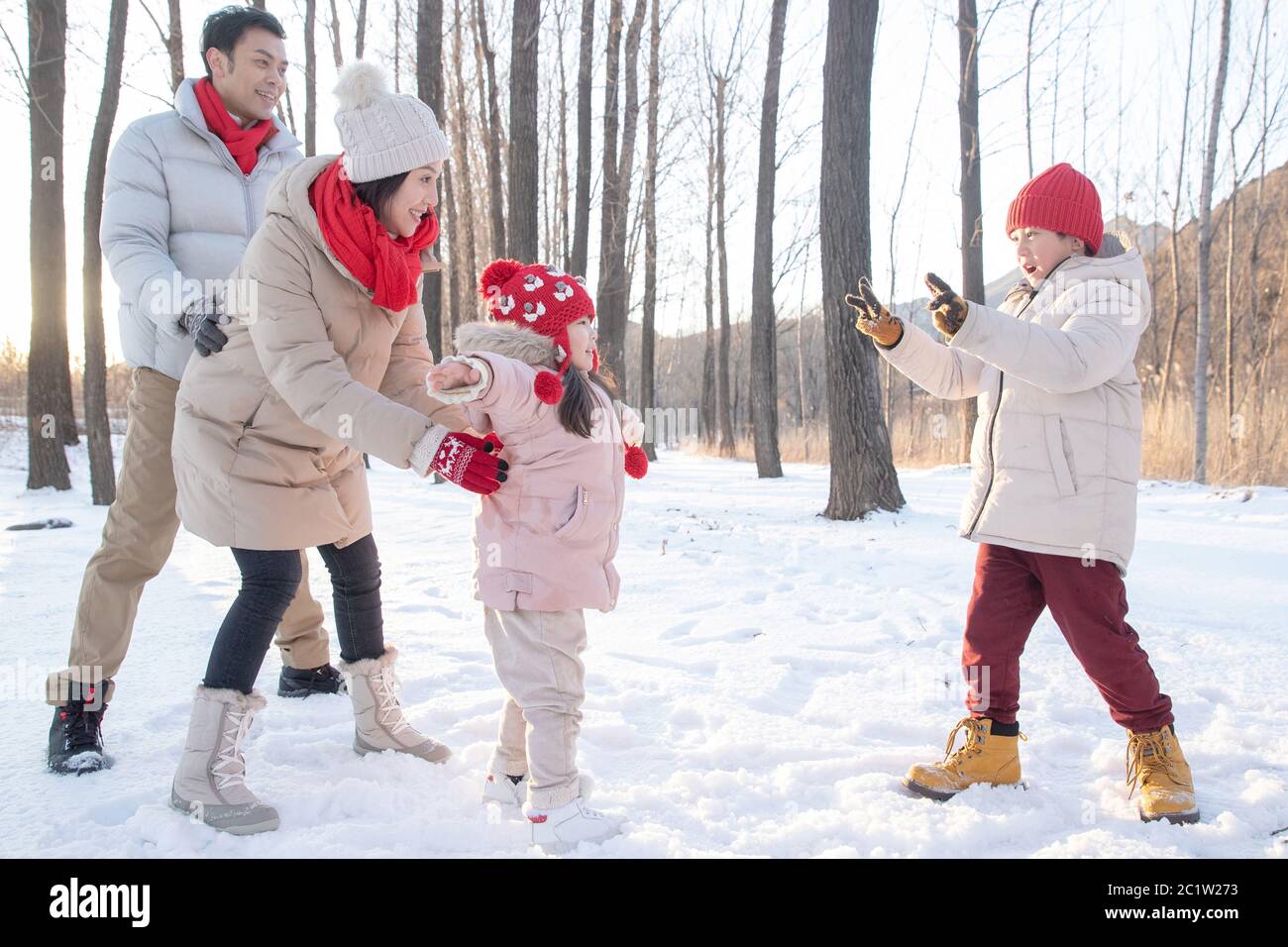 The snow play happy family Stock Photo - Alamy