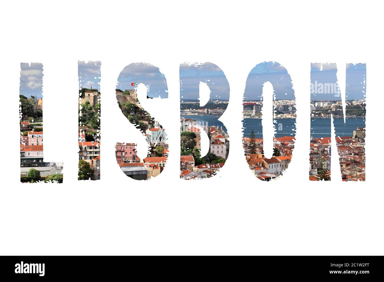 Lisbon text sign - Portugal capital city name with background travel postcard photo. Stock Photo