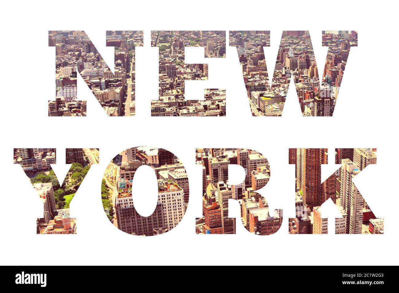 New York city sign - city name with background travel postcard photo. Stock Photo