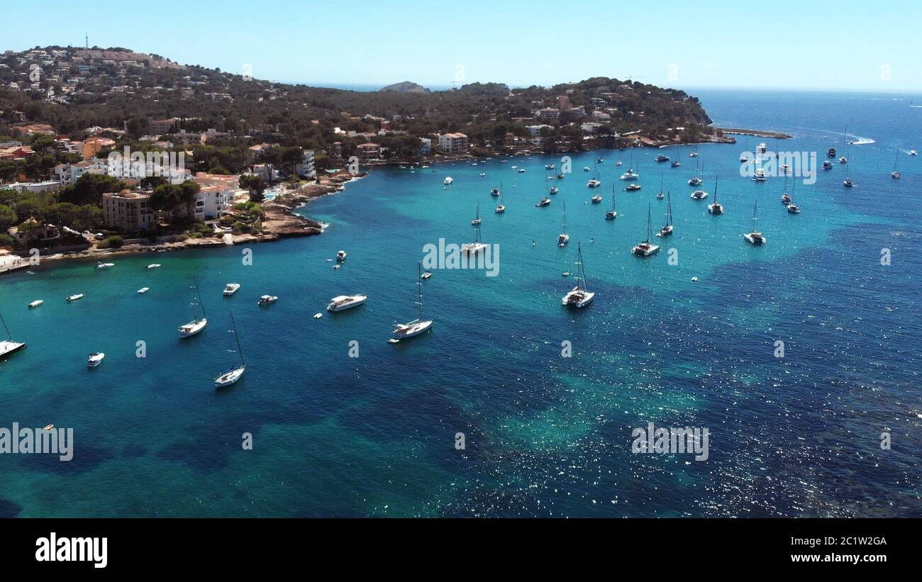 Santa Ponsa - Aerial view of yachts moored in the coast of Mallorca. Stock Photo