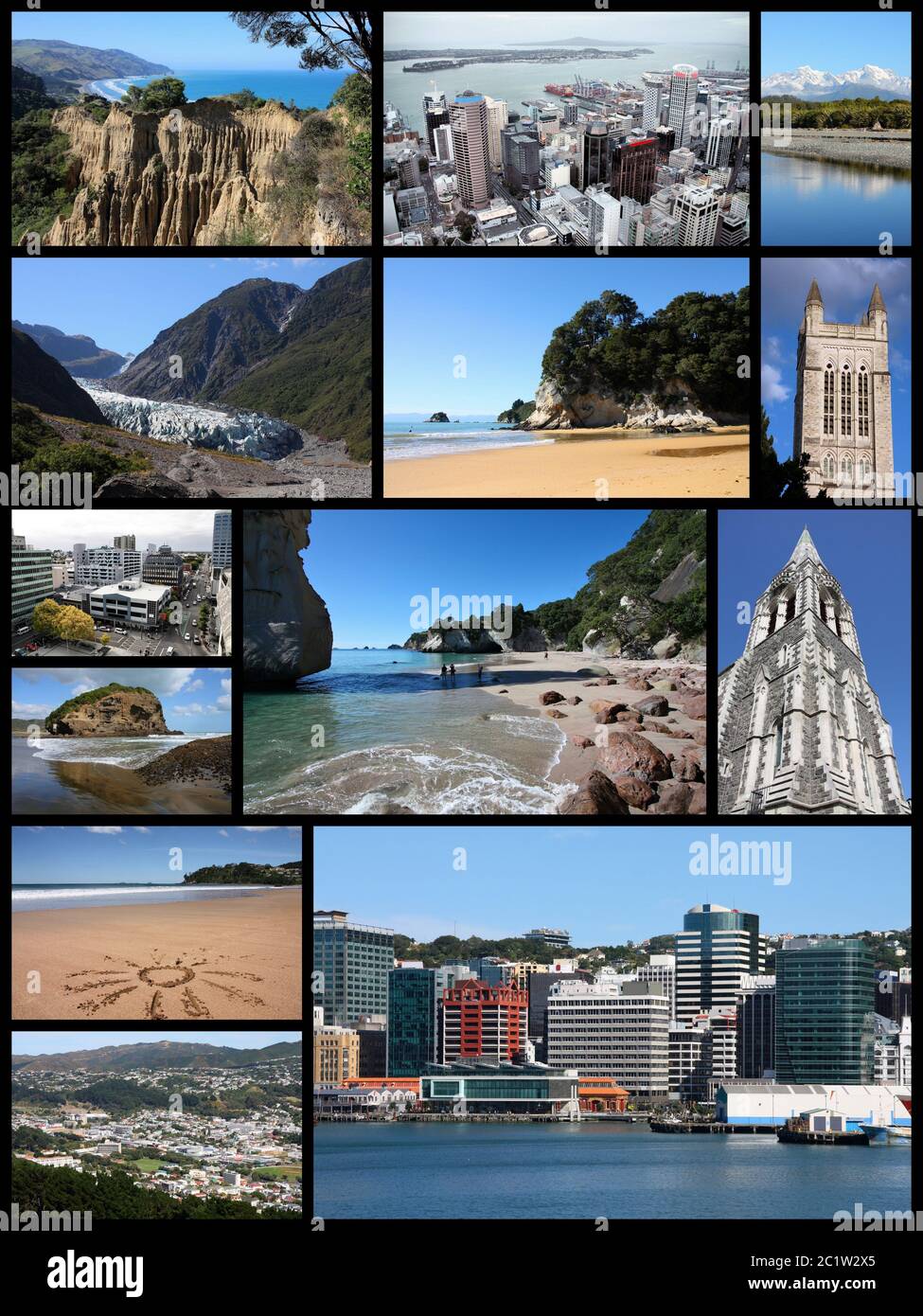New Zealand landmarks - travel photo collage with Auckland, Wellington, Christchurch, beaches and mountains. Stock Photo