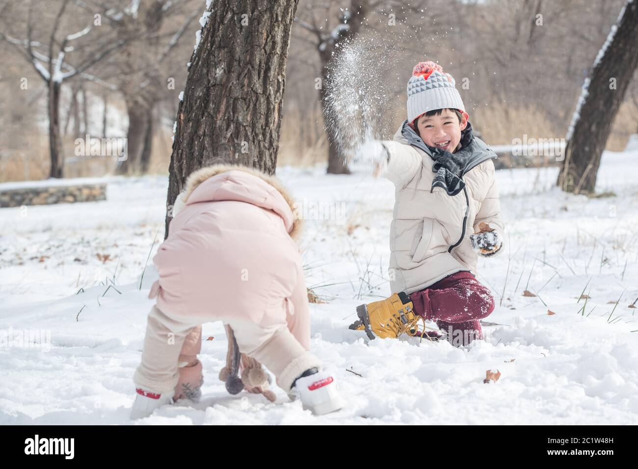 Two children playing in the snow Stock Photo - Alamy