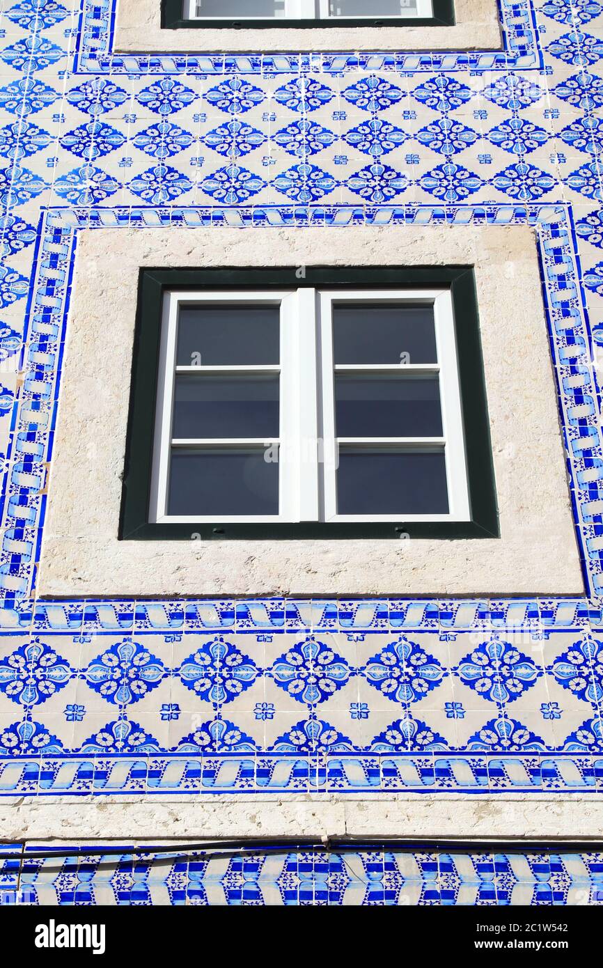 Azulejos - traditional Portuguese tiles in Lisbon. Architecture ornament. Stock Photo