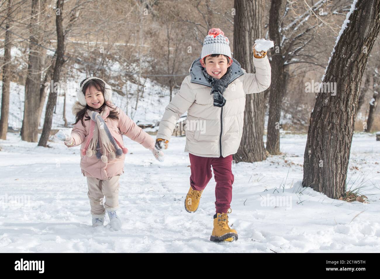 Two children playing in the snow Stock Photo - Alamy
