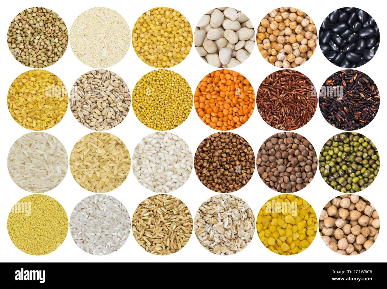 Collection of different cereals, grains, rice and beans backgrounds