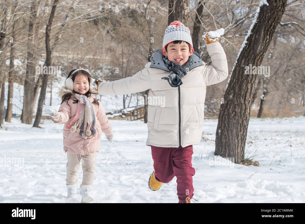 Two children playing in the snow Stock Photo - Alamy