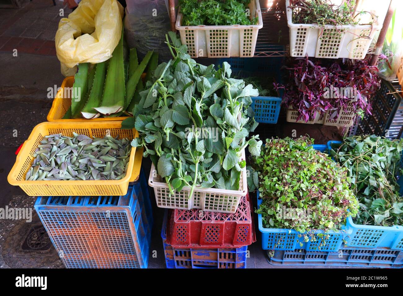 Herb market in Taipei, Taiwan. The herb lane, specialty herbal shopping area at Xichang Street. Chinese medicine supplies. Stock Photo