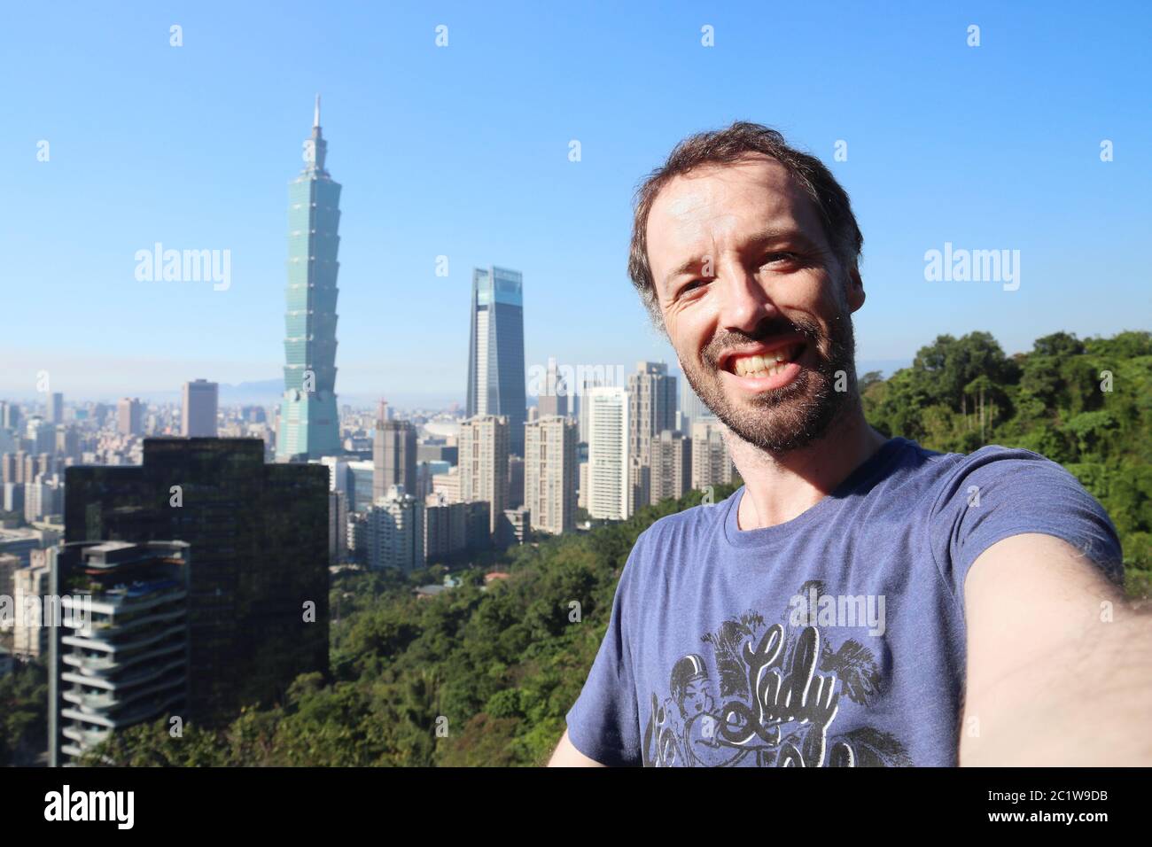 European tourist selfie portrait in Taipei city, Taiwan. Stock Photo