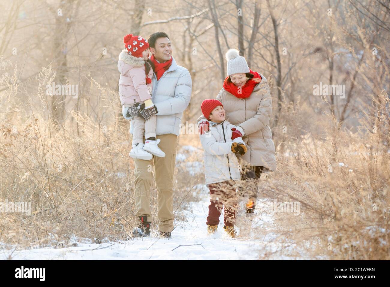 Happy family to go for a walk in the snow Stock Photo - Alamy