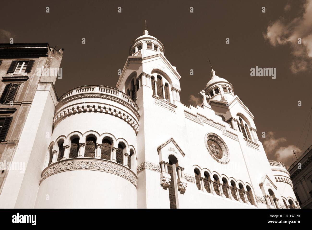 Rome, Italy. Valdese Evangelical church at Piazza Cavour. Sepia tone - retro monochrome color style. Stock Photo