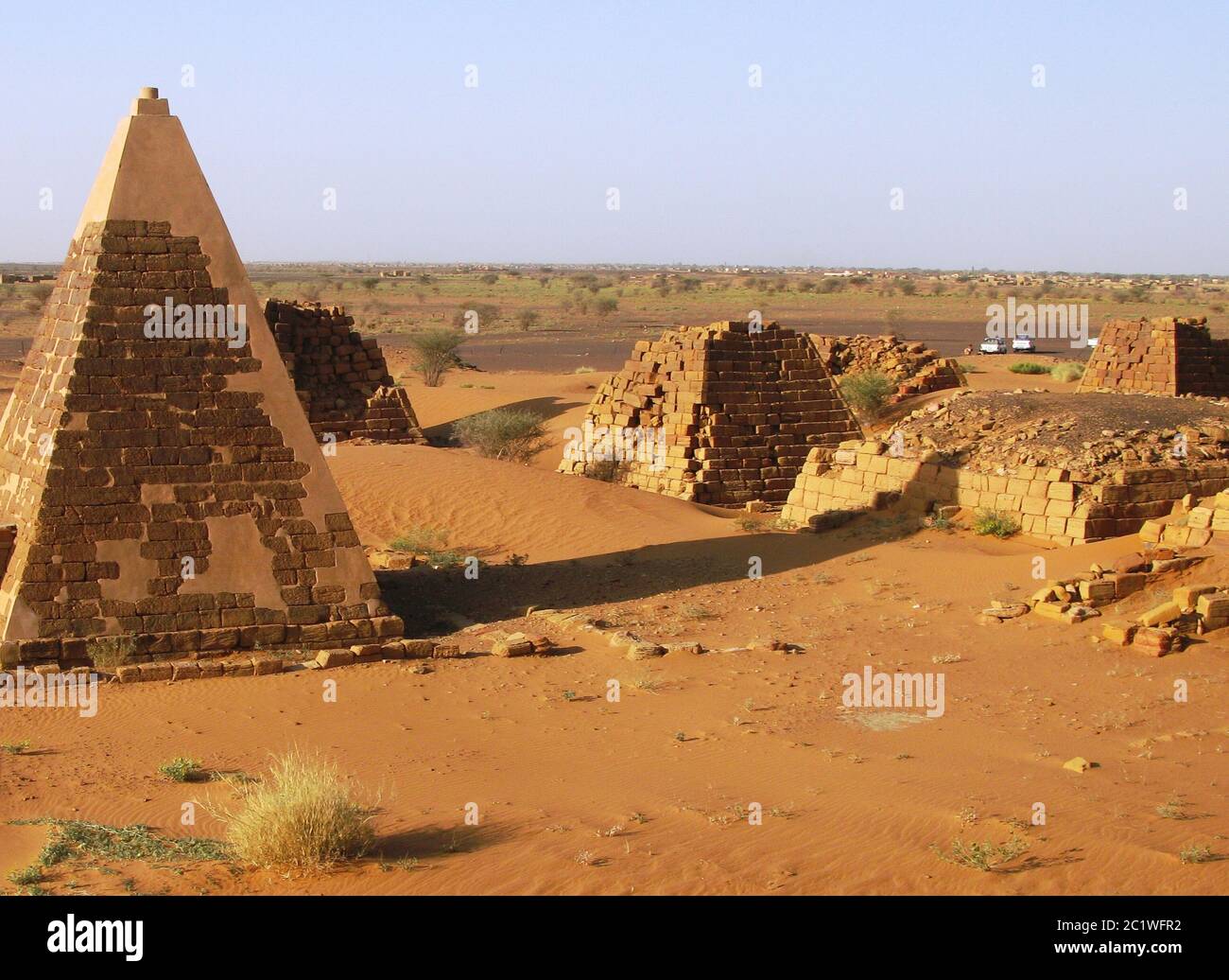 Panorama of Meroe pyramids in the desert at sunset in Sudan, Stock Photo