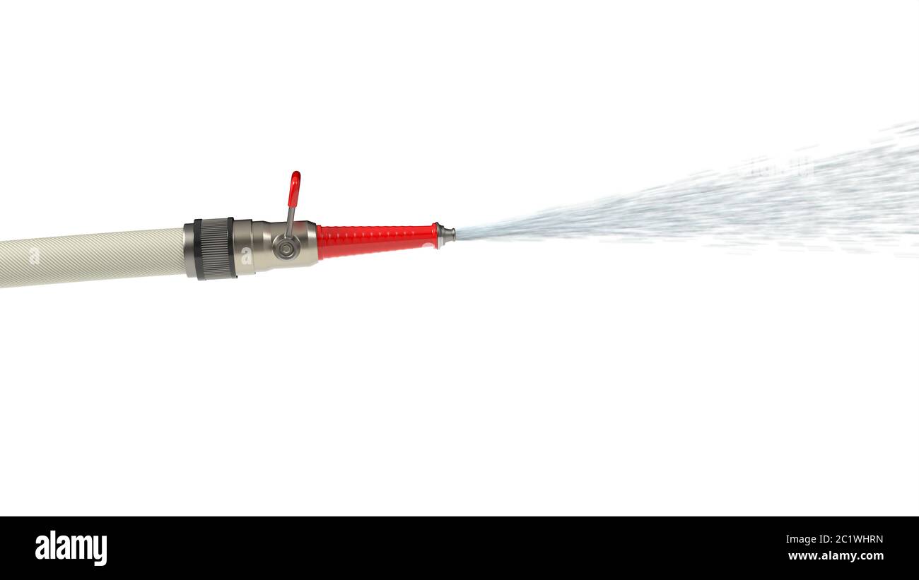 fire hose with modern nozzle squirting water. isolated on white