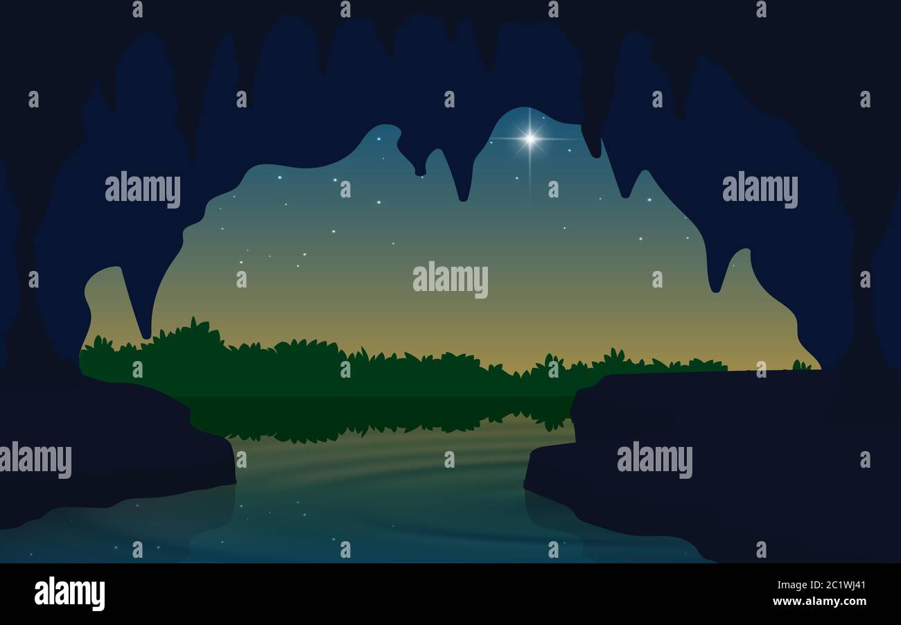 landscape of cave at the river in the morning Stock Vector
